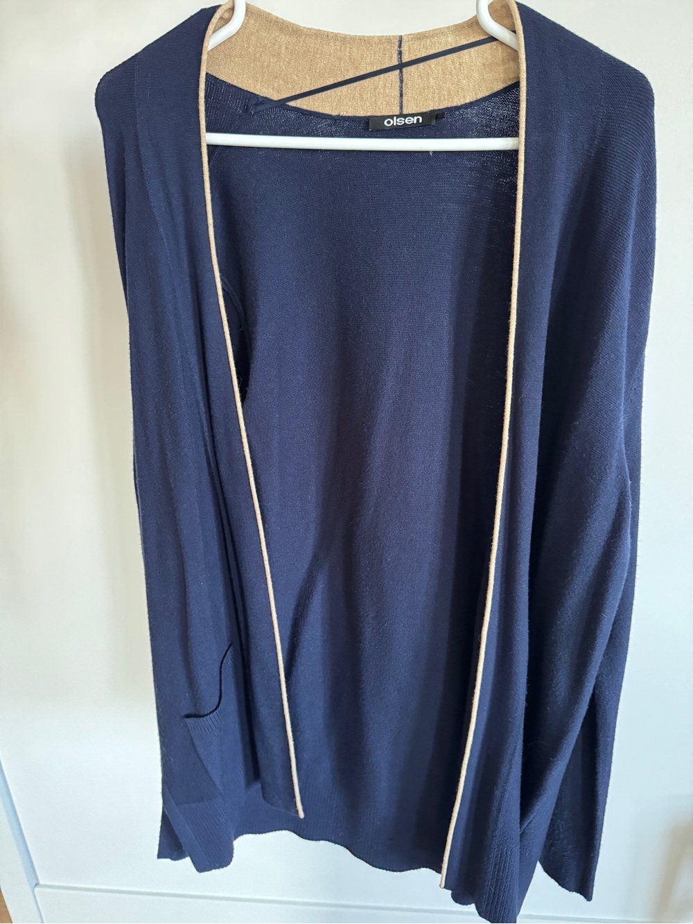 Olsen Navy Cardigan with Beige Trim — Open Front Lightweight Knit